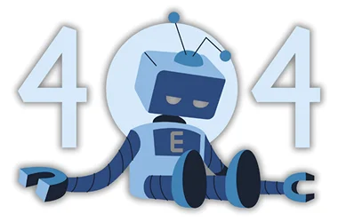 Sad blue robot sitting in front of large 404 numbers, indicating a page not found error.